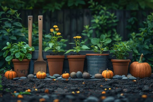A charming display of vibrant potted plants and pumpkins arranged beautifully, showcasing a mix of greenery and autumnal colors in a garden setting.
