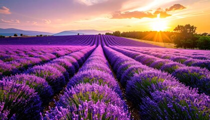 Obraz premium Lavender Fields at Sunset: Aromatic Purple Hues and Serene Golden Light Landscape