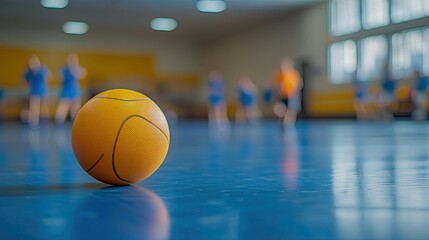Close-Up Dodgeball on Gymnasium Floor, Blurred Background Shows Players in Action 