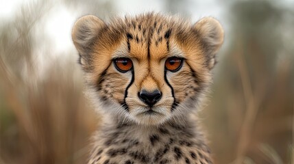 Close-up headshot of a young cheetah cub with striking eyes. 