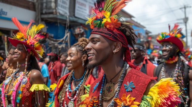 Colorful performers in feathered costumes dancing joyfully through the lively streets during Caribana Festival parade celebration