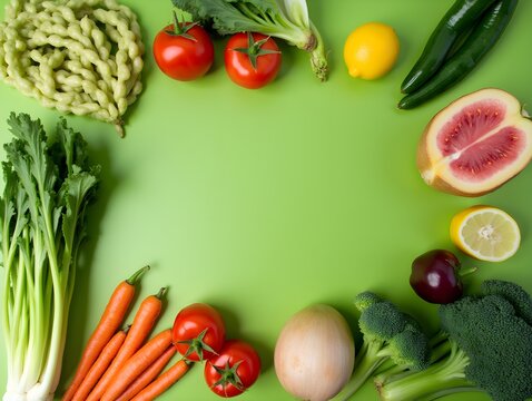 Vegetarian food and vegetables on a green background