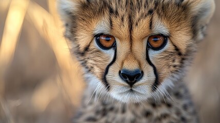 Close-up headshot of a young cheetah cub with striking eyes. 