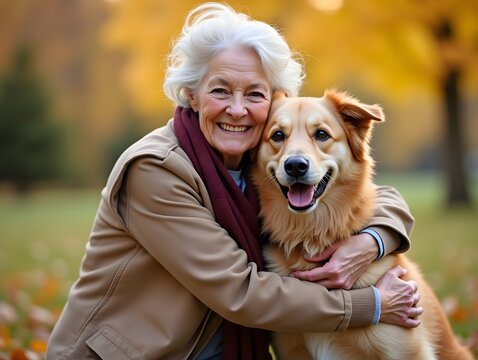 A senior woman and her dog share a joyful, intimate embrace in the autumn park