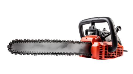 A close up shot of an orange and black chainsaw against a black background