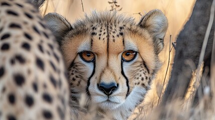 Close-up of a cheetah peeking around another cheetahâ€™s tail