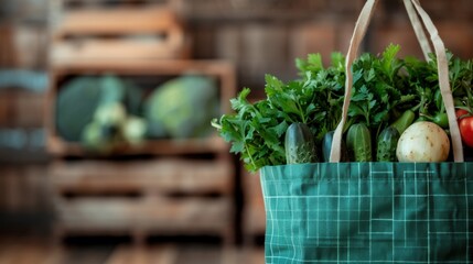An appealing composition featuring a green reusable bag filled with fresh vegetables and herbs, set against a rustic background, highlighting sustainable living and healthy choices.