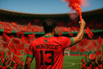 Moroccan Fan Waving Red Flare in Energetic Stadium Crowd

