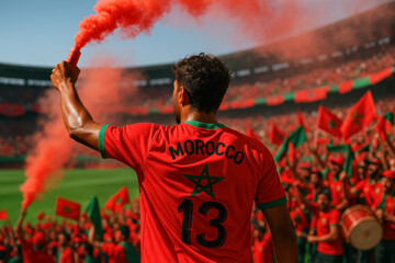 Moroccan Fan Waving Red Flare in Energetic Stadium Crowd

