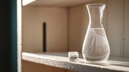 Elegant glass vase with water and single ice cube on a wooden shelf ai generated images ai generative