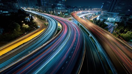Fototapeta premium Tech Highway Skyline from Above with Car Traces