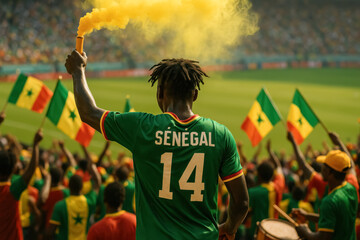 Senegalese Fan Holding Yellow Flare During Soccer Match

