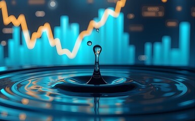 Water droplet impacting financial chart, creating ripple effect; impact investing theme, finance, water drop. High quality