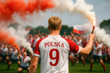 Polish Fan with Red Flare at Stadium Match Celebration

