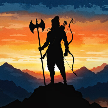 Silhouette of lord parshuram against a sunset sky representing strength and spirituality