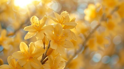 Obraz premium A soft and beautiful cluster of blooming yellow flowers taken in gentle sunlight, radiating warmth and positivity, reflecting the beauty of nature in full bloom during spring.