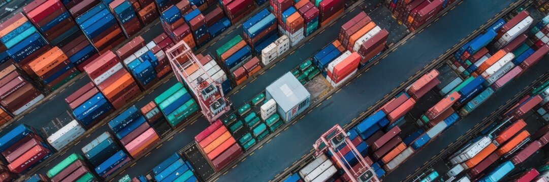 Aerial top-down view of colorful shipping containers stacked in a port terminal with gantry cranes. Logistics and global trade concept. - Powered by Adobe