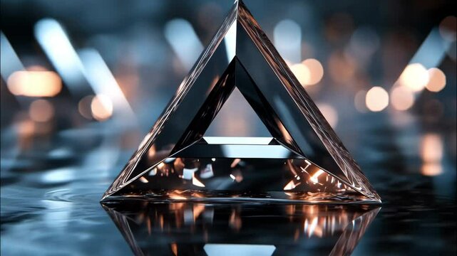Futuristic black glass pyramid with glowing edges placed on a reflective surface