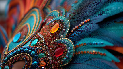 Colorful and intricate feathered headpiece in red, orange, and blue tones displayed at the Caribana Festival in celebration of Caribbean identity