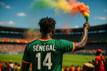 Senegalese Fan Holding Tricolor Flare at Soccer Stadium

