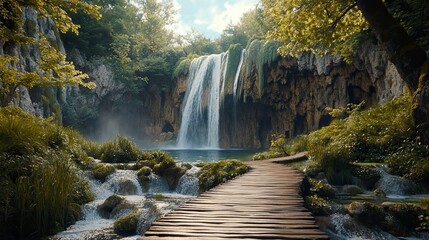 Lush forest waterfall scene with wooden path