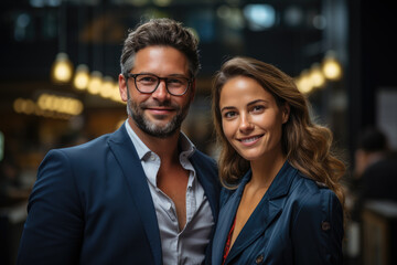 A stylish couple stands together in a trendy cafe, showcasing their fashion sense and charisma, perfect for stock images representing confidence and modern relationships.