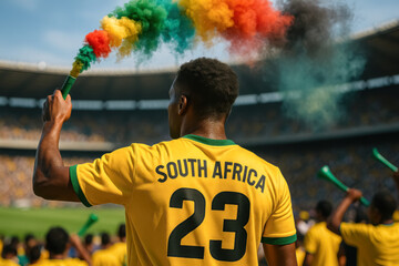 South African Fan with Tricolor Flare at Soccer Game

