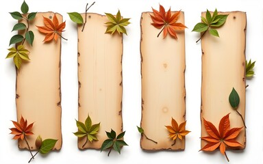 Collection of wooden banner designs with a variety of leaf decorations for eco-friendly themes. High quality