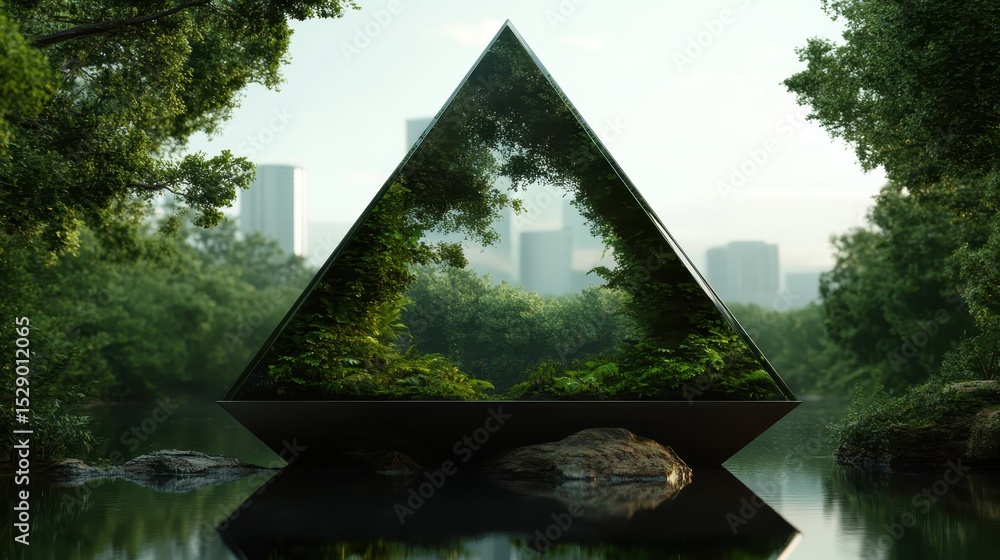Aufkleber a stunning triangular structure reflects vibrant greenery and calm waters, symbolizing harmony betwe