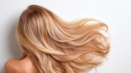 Fototapeta premium A stunning visual of long, flowing blonde hair showcased against a clean white background, emphasizing beauty, grace, and the freedom of self-expression through hair and style.