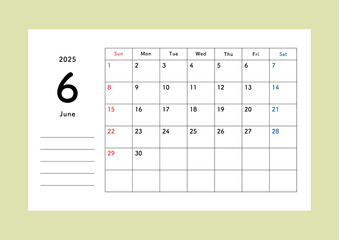 2025年カレンダー　6月