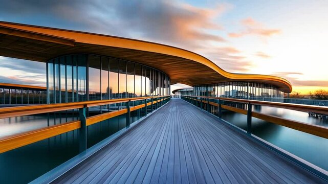 Modern architecture marvel in a stunning sunset, a harmonious blend of wood and glass in a scenic landscape