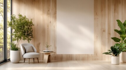 Fototapeta premium A minimalist living room showcasing warm wooden walls, a cozy chair, and greenery that creates a tranquil and inviting atmosphere perfect for relaxation and inspiration.