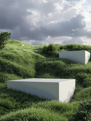 Modern White Podiums in Lush Landscape Under Stormy Sky