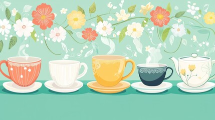 A colorful illustration of a teapot and teacups with a floral background.