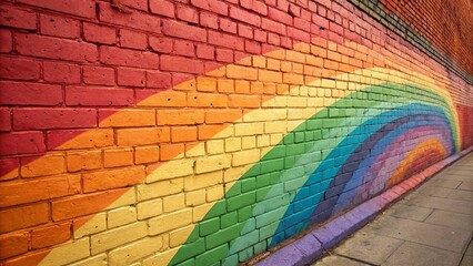 Vibrant rainbow mural on brick wall alleyway