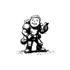 Humorous illustration of a happy, armored figure holding a chocolate bar with joy