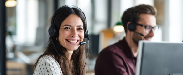 The cheerful woman in a headset collaborating with colleagues in a modern office.