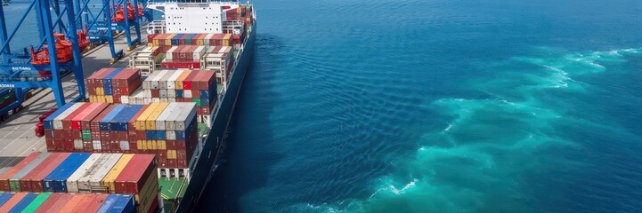 Fototapeta premium Aerial top-down view of a large container cargo ship docking at port. Colorful containers, blue ocean, and wake. Global trade and logistics concept.