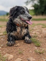 Un chien heureux : le fidèle compagnon, apaisé, se repose dans le vignoble après une promenade en toute liberté