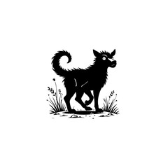 Mysterious black dog silhouette illustration with whimsical expression on white background