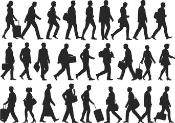 Diverse Collection of Walking People Silhouettes: Various Male and Female Poses with Luggage and Briefcases, Ideal Vector Illustrations for Travel, Business, and Urban Commute Concepts