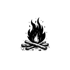 Campfire illustration: simple black and white design, evokes warmth and adventure