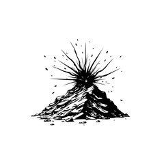 Explosive mountain peak illustration with burst emanating from the summit in black and white