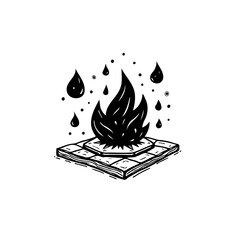 Stylized illustration of fire burning on a tiled surface with water droplets around