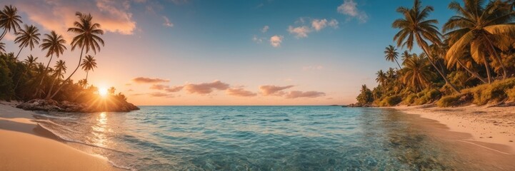 Obraz premium Tropical Sunset Beach Paradise Panoramic Ocean View with Palm Trees