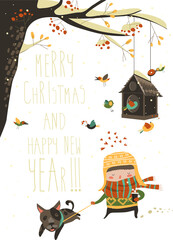 Sweet girl walking with dog on leash. Vector Christmas card
