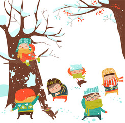 Funny kids playing snowball fight. Vector illustration