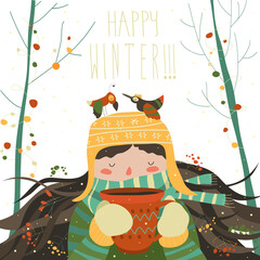 Cute winter cartoon girl with coffee. Vector illustration