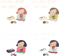 Cute girl enjoying a cup of hot tea and donut. Vector illustration set